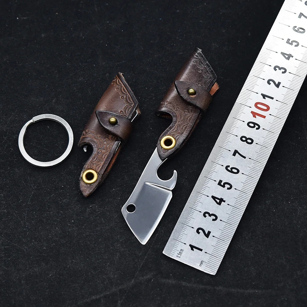 D2 Steel Sharp Mini Folding Blade Knife Leather Case Handle Small Razor Pocket Knife Self Defense Hand Tool with Opener