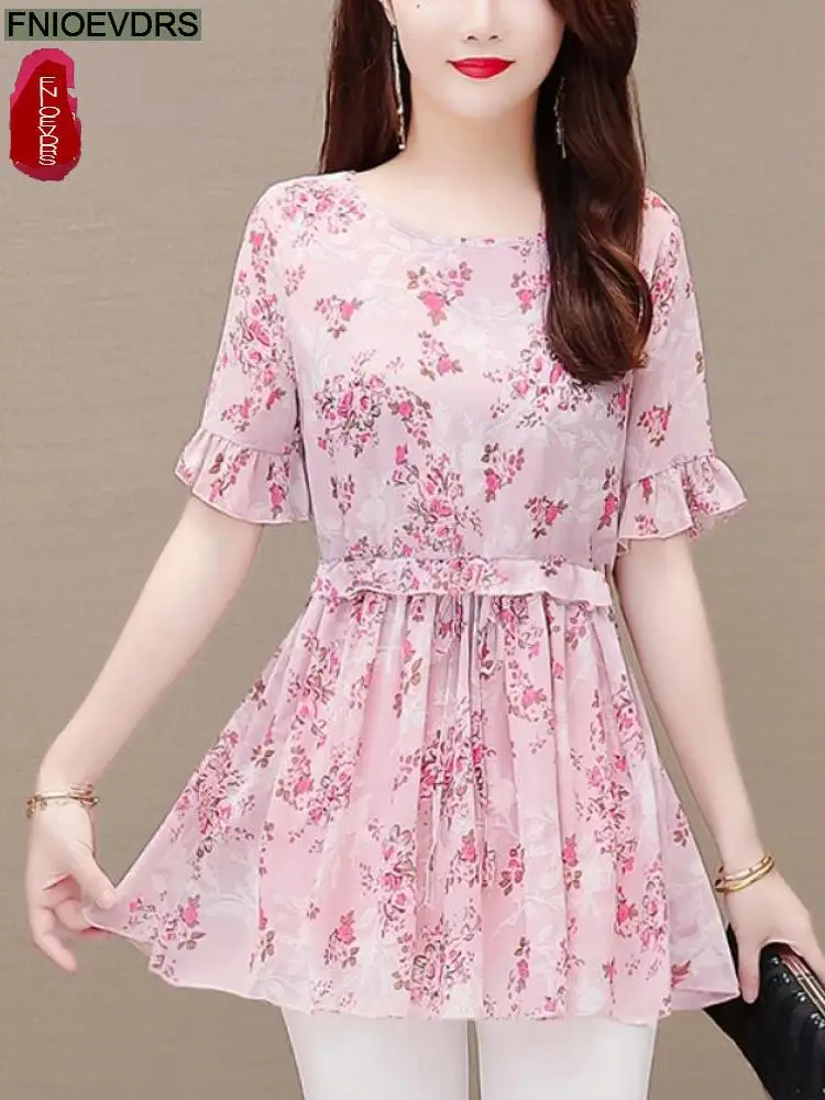 2022 Women Flower Floral Printing Long Tunic Drawstring Lace-Up Chiffon Shirt Blouses Bow Tie Retro Vintage Loose Peplum Tops