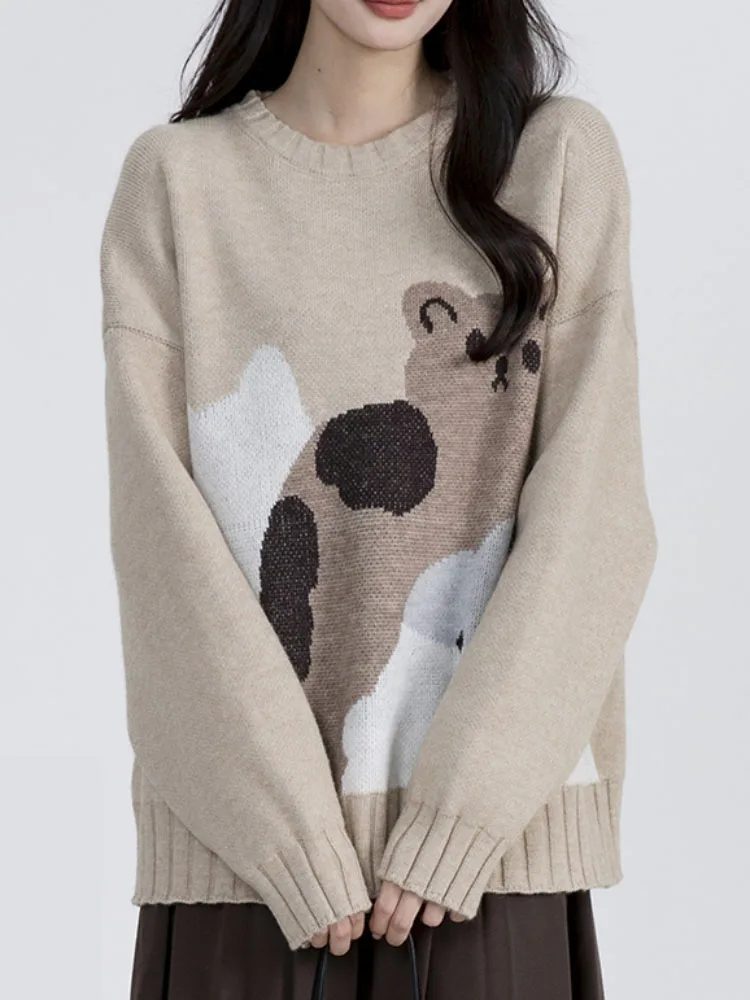 

Sweet Sweater Pullover Women Cartoon Cat Pullover Autumn Winter Outwear Loose Vintage Knitted Tops Female Fashion