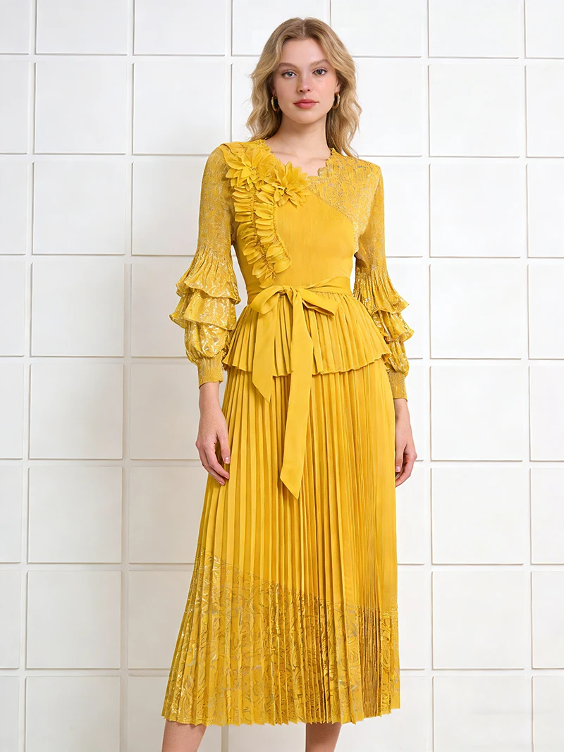 

Miyake Pleated Dress Women's 2026 New Spring Fashion Ruffles V-Neck Lantern Sleeve Splicing Belt Lace Up Loose Pleated Dress