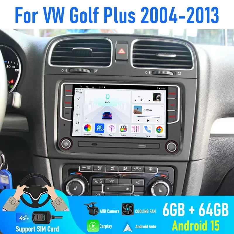 

7'' For VW Golf Plus 2004-2013 Car Radio 4G SIM Rear Camera Head Unit Google Map BT GPS Steering Wheel Control Android 15 Auto
