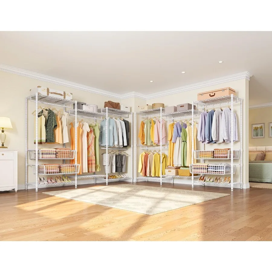 رف ملابس سلكي V10 مكون من 5 طبقات رف ملابس عالي التحمل رف ملابس كبير الحجم مع 4 قضبان تعليق و6 أرفف سلكية و2 قاعدة منزلقة