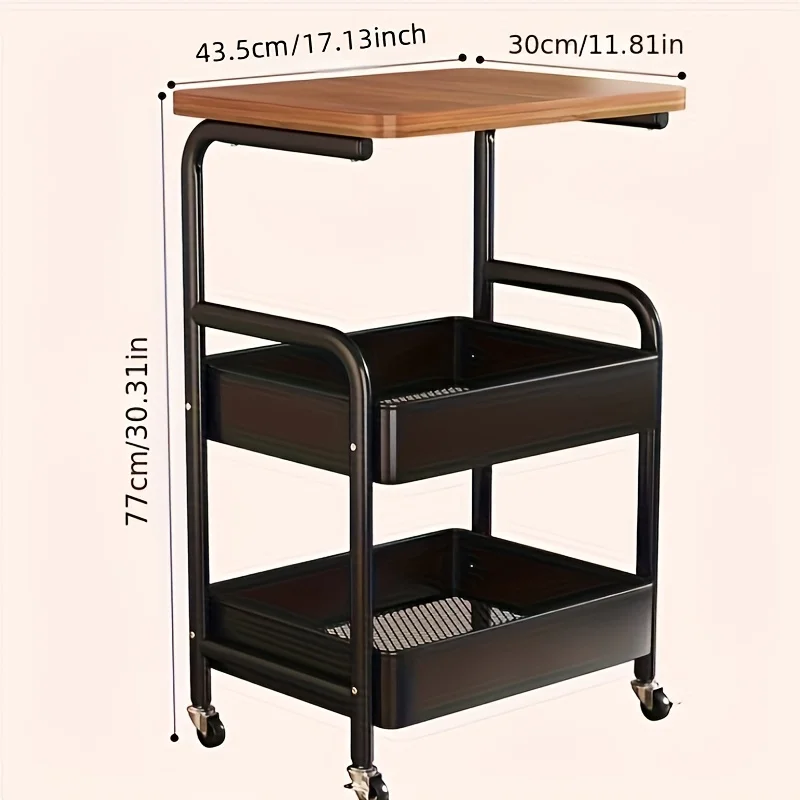 3段式ローリングトロリー、テーブルトップ、金属製ツールとスナックラック付き、耐久性のある炭素鋼フレーム、移動しやすいホイール