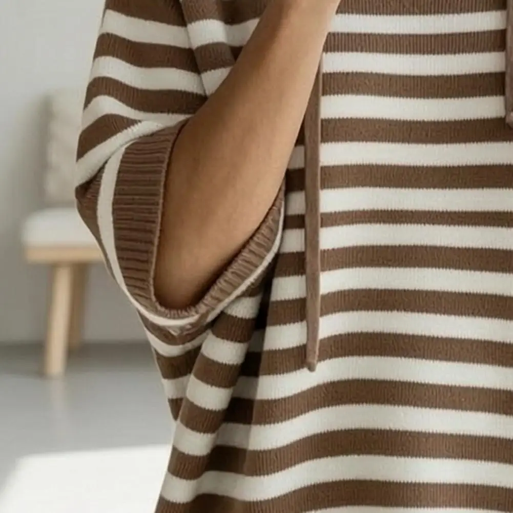 Hooded Pullover Top Women’s Hooded Striped Knit Sweater Loose Half Sleeve Pullover Autumn Winter Drawstring Hoodie for Comfort