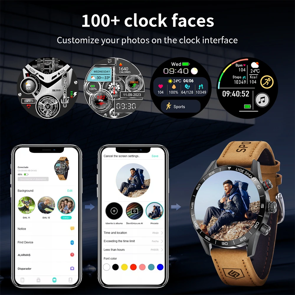 LIGE Men\'s Smart Watch Bluetooth Connection AMOLED Screen Smartwatch Men IP68 Waterproof Voice Call Samrtwatches for Android iOS