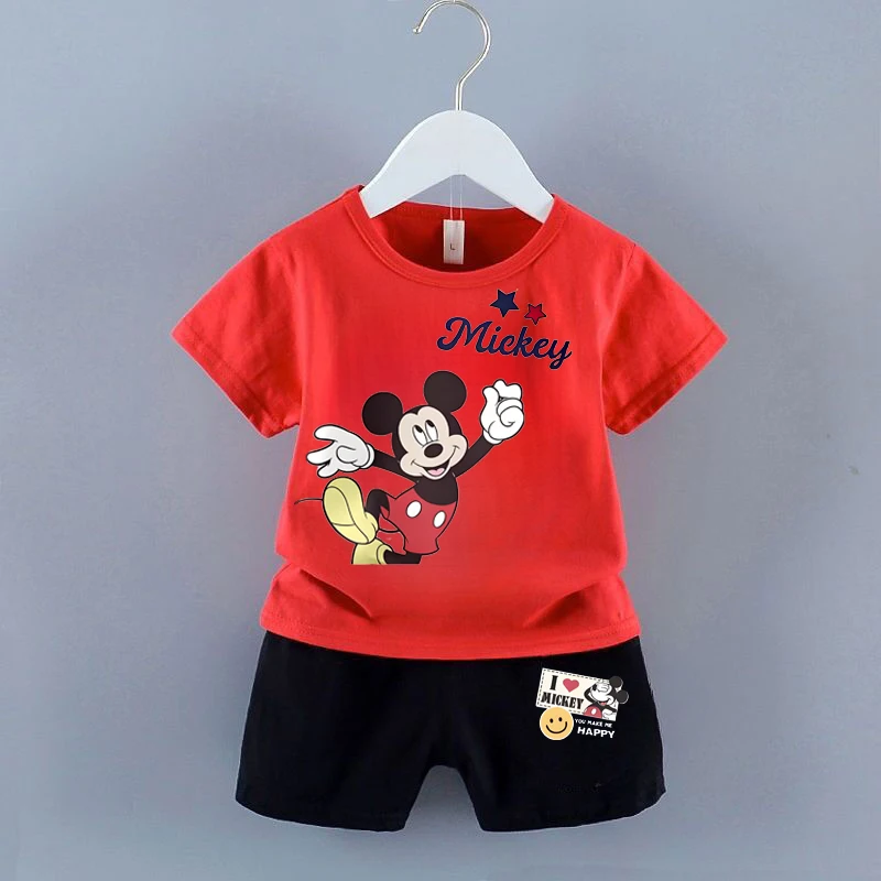 DISNEY Summer Children's Pullover Sets Mickey Print Boys Clothing Sets Breathable Thin Kids Tshirt And Shorts 2pcs Suit