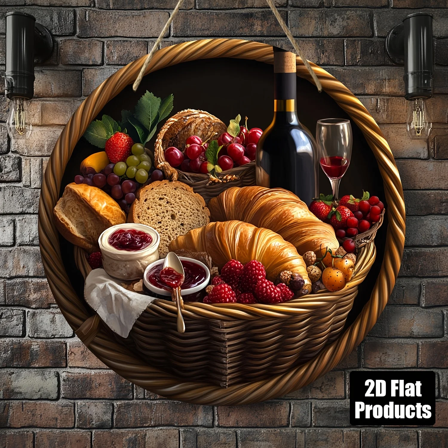2D Flat, 1pc, Round Wooden Board Decorative Painting Sign Plaque, Red Wine Feast Theme Suitable for Bar, Kitchen, Cafe, Family R