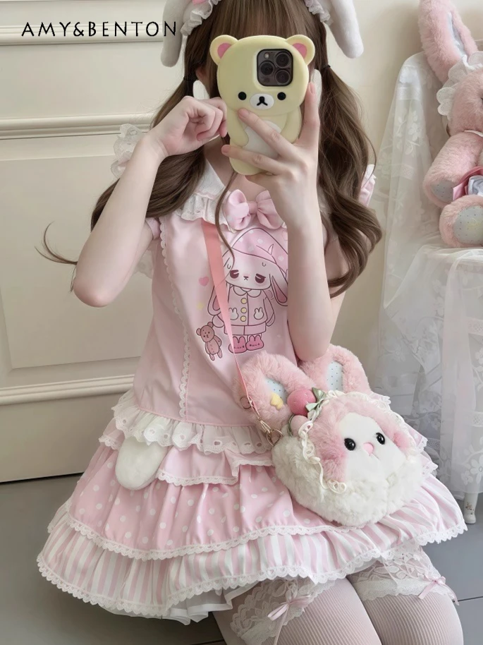 

Sweet Cute Rabbit Print Pink Suit Summer Kawaii Bow Navy Collar Slim Sleeveless Top High Waist Slim Cake Skirt Two-piece Set