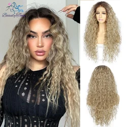 Peluca de cabello sintético con malla frontal, Pelo Rizado de color rubio largo, 13x3, 613, gris, marrón, jengibre, HD, transparente, para Cosplay