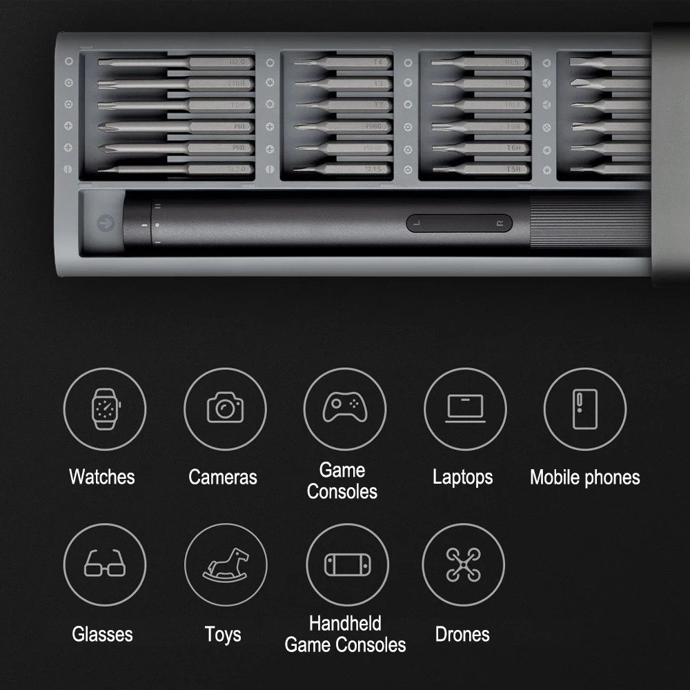 Zestaw precyzyjnych wkrętaków elektrycznych XIAOMI MIJIA, precyzyjny uchwyt, przenośny zestaw narzędzi zasilanych, z 24 stalowymi końcówkami S2, 2 ustawienia momentu obrotowego