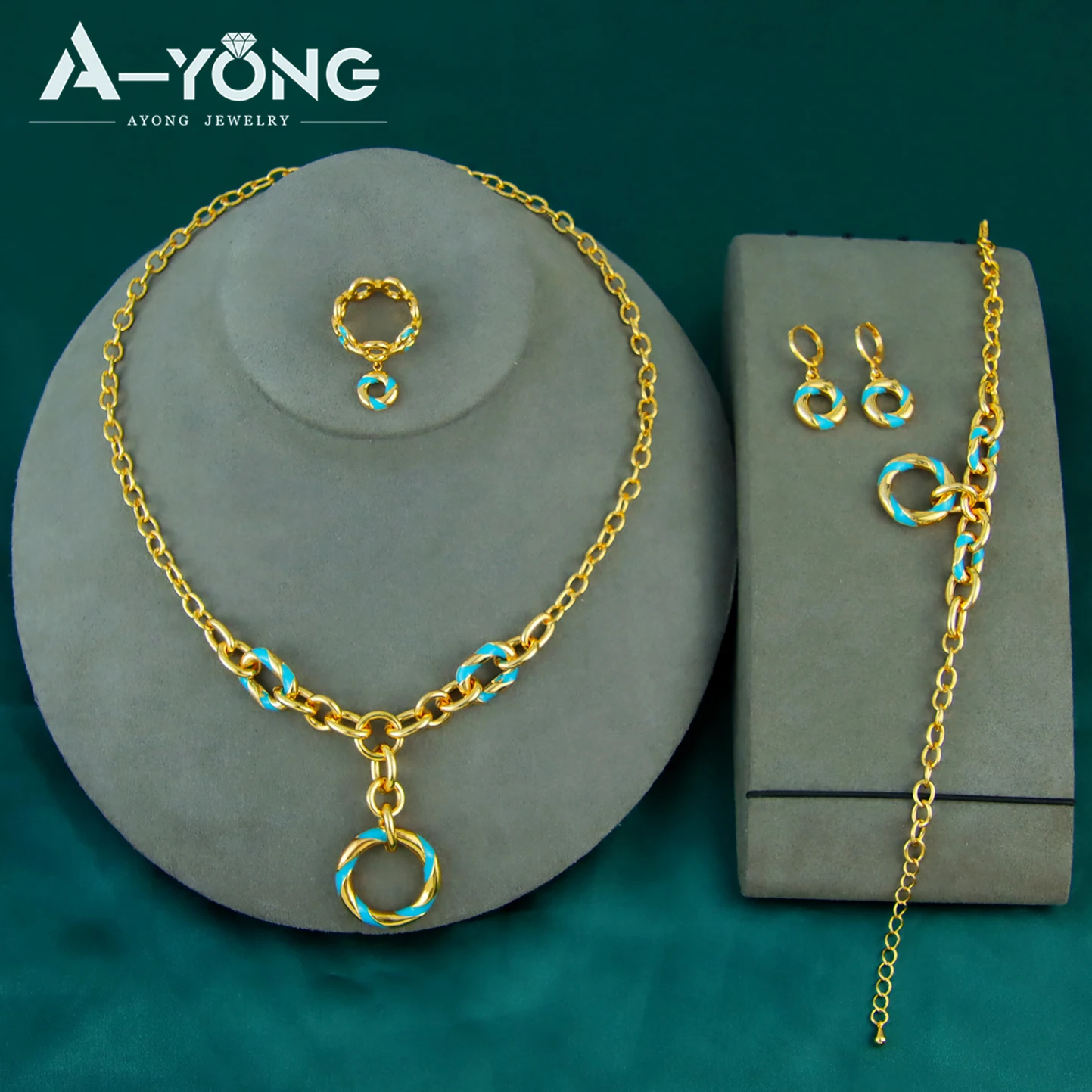 

Dubai Fashion Jewelry Set 21k Gold Plated Premium Circle Pendant Necklace Bracelet Earrings Ring Italian Women Vintage Jewelrys