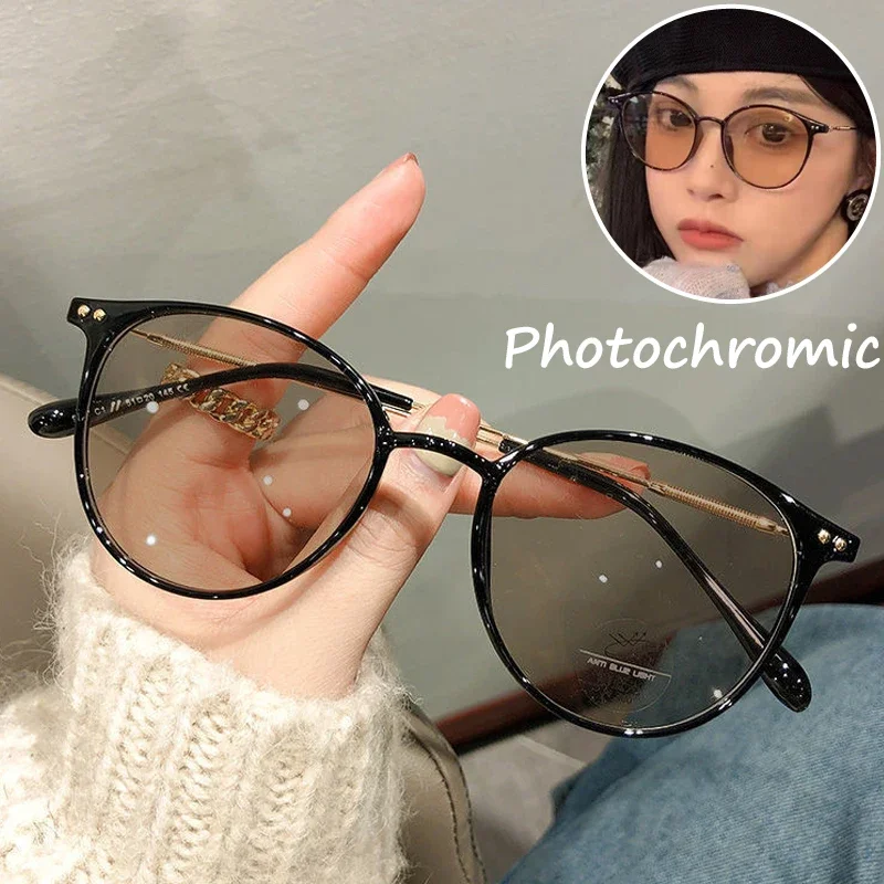 

Anti Blue Rays Myopia Glasses Outdoor Photochromic Women Men Round Frame Nearsighted Optical Spectacles Eyewear Diopter To -6.0