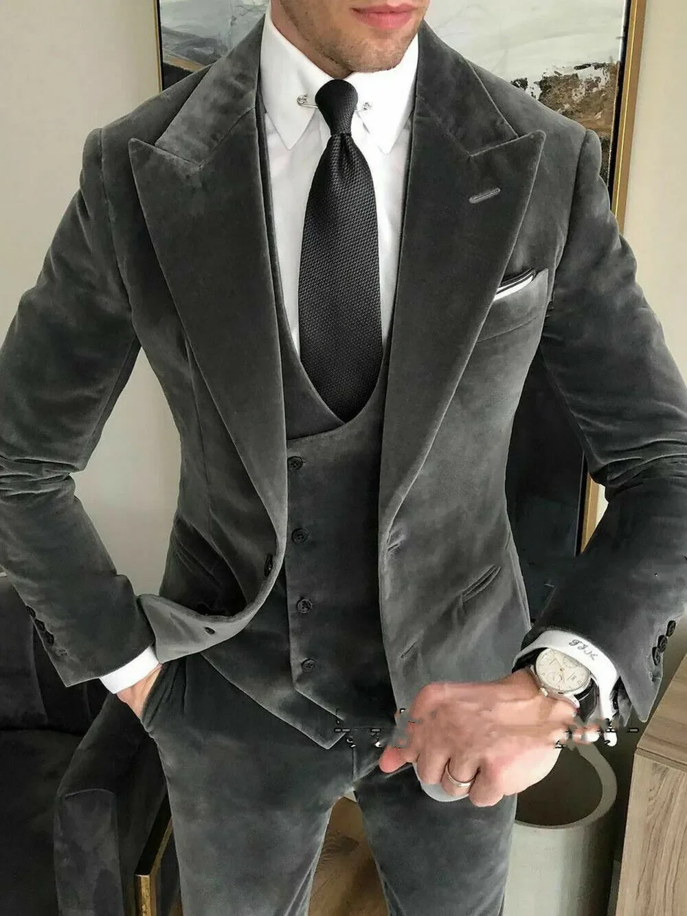 Grijze Fluwelen Mannen Bruiloft Smoking Afrikaanse Pakken Voor Prom Slim Fit Bruidegom Dragen Mannenmode Kostuum Jas Met Broek Vest