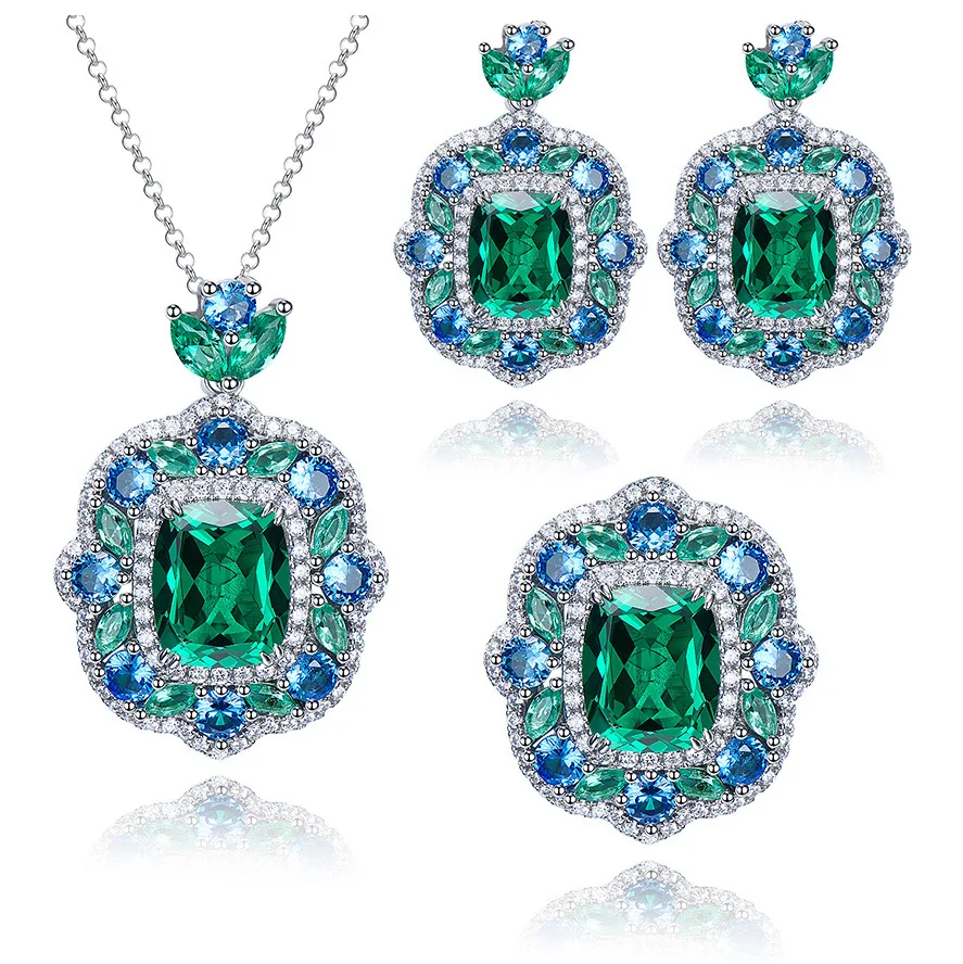 Damen Retro-Stil Zirkonia-Ring-Set mit Smaragd-Ohrringen und Anhänger-Halskette Modisches Accessoire Schmuck – Detail 14