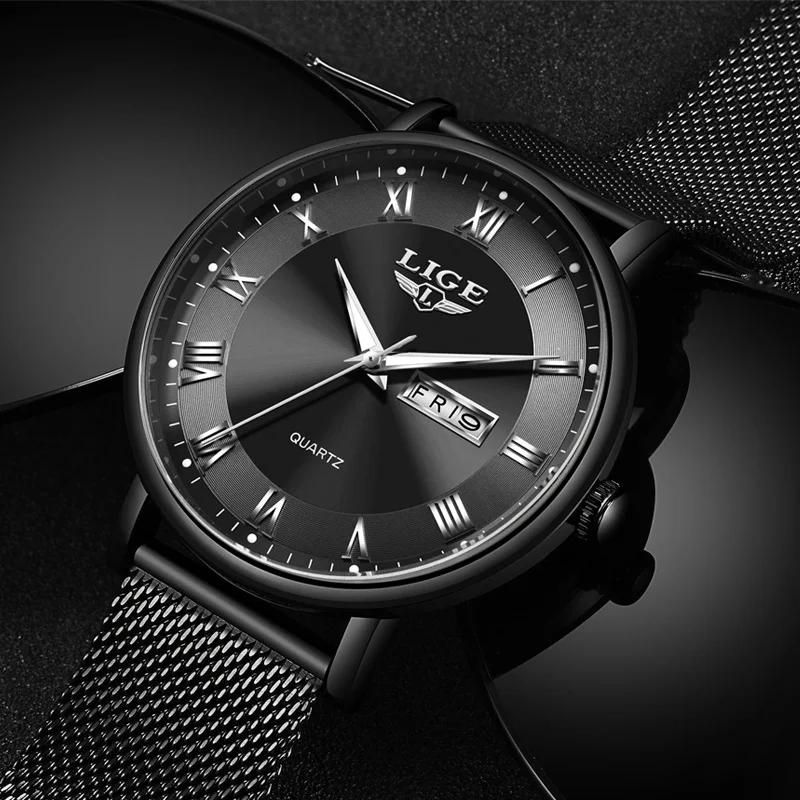 LIGE Minimalist Mens Fashion Ultra Thin Watches Simple Men Business Stainless Steel Quartz Watch for Men Calendar Wristwatch