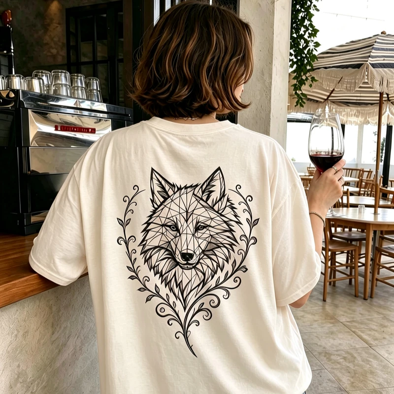 Women Geometric Wolf Head Back Print T Shirt Floral Line Art Short Sleeve Oversized Casual Streetwear Tee Unisex Cotton Y2k Top