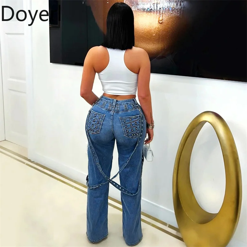 ドイエル ストリートウェア ジーンズ Y2K パンツ レディース ヒップホップ 原宿 ジッパーフライ リベット リボン デニム レディース トラウザーズ パンツ