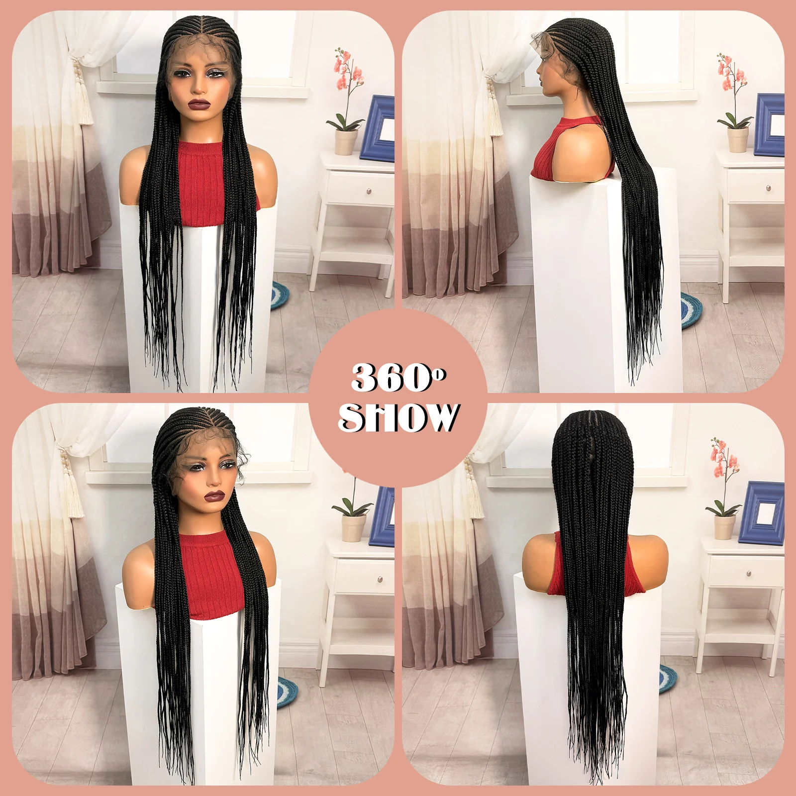 Perucas Trançadas de 36 Polegadas, Sintéticas, com Renda Completa, Tranças Box, Sem Nó, com Cabelo de Bebê para Mulheres Negras