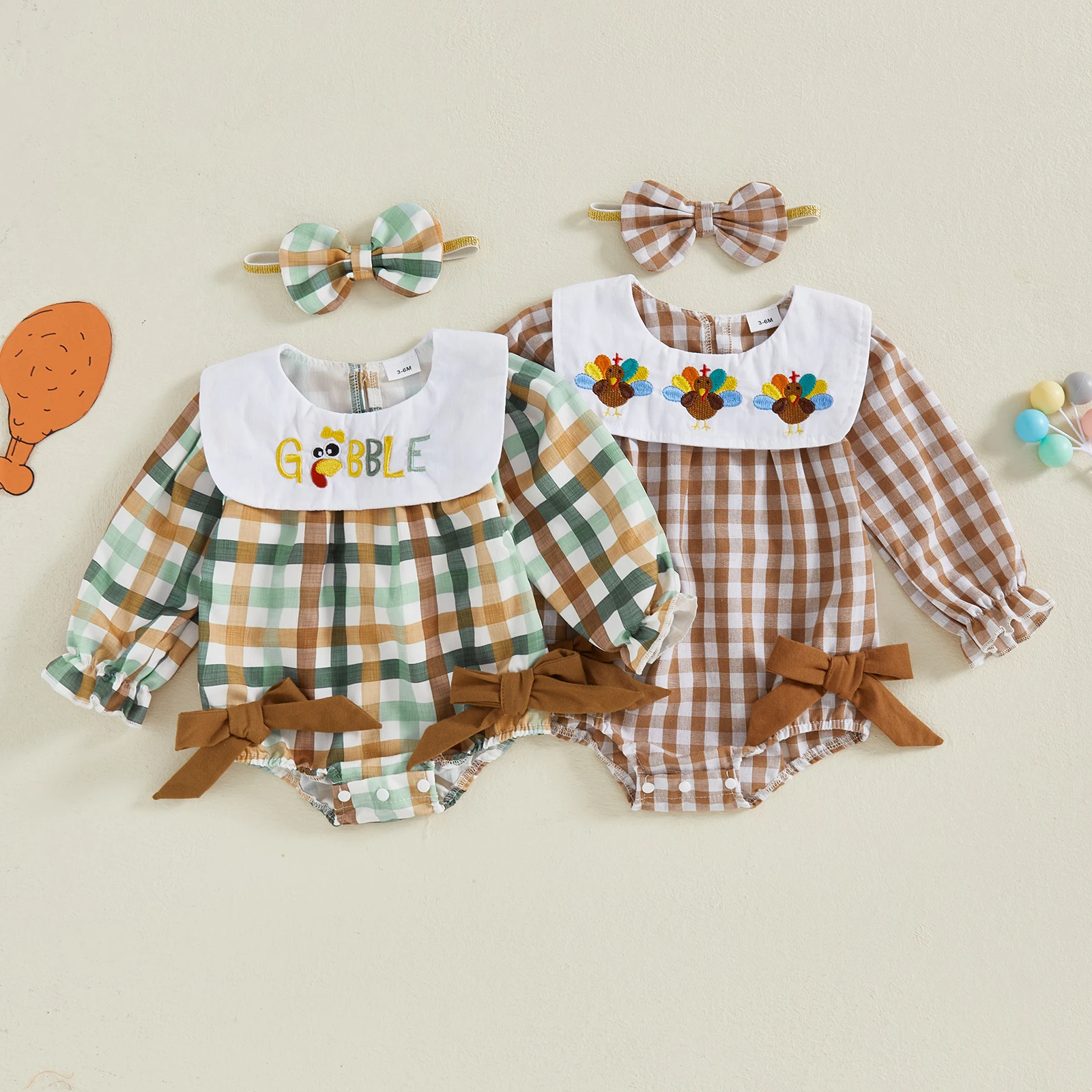 FOCUSNORM 0-18M encantador bebé niñas niños Día de Acción de Gracias mameluco manga larga cuello de muñeca pavo bordado mono con estampado a cuadros