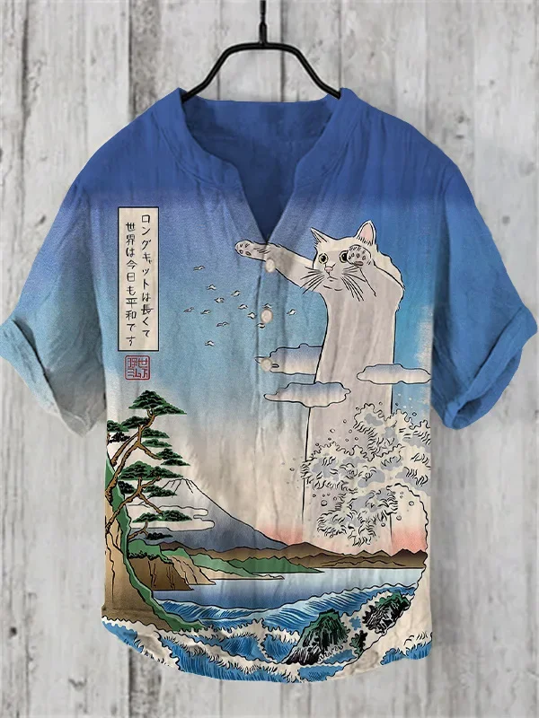 New printed V-neck short-sleeved shirt foreign trade fashion casual loose T-shirt shirt bamboo linen shirt top S-5XL