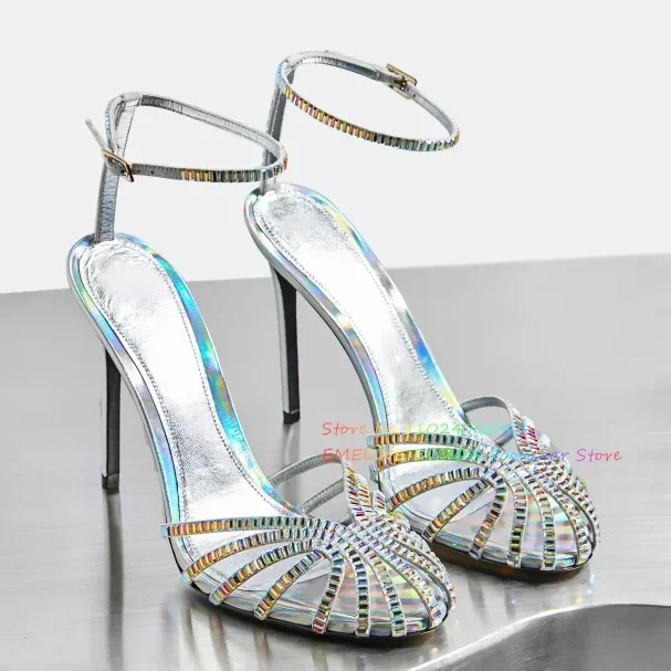 

Women's Crystal Studded Heeled Sandals Ankle Strap Buckle Cage Style Sexy Pumps Stiletto Heel Bling Bling Party Dress Shoes