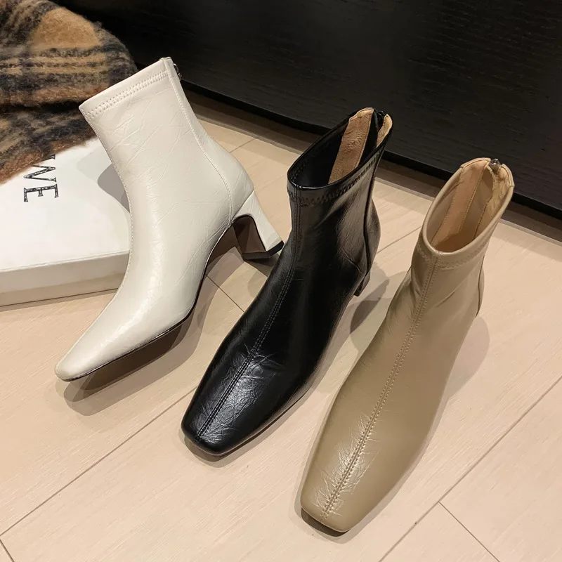 2024new style simple elegant slim boots with thick heels high heels back zipper commuting small square toe elastic women's boots