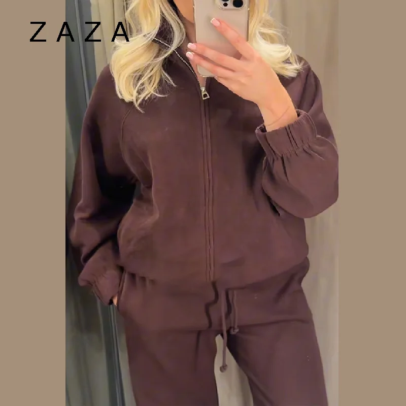 여성용 가을 겨울 자켓 팬츠 긴 소매 하이넥 지퍼 솔리드 자켓 신축성 있는 허리밴드 팬츠 2025 신상 여성 캐주얼 의상