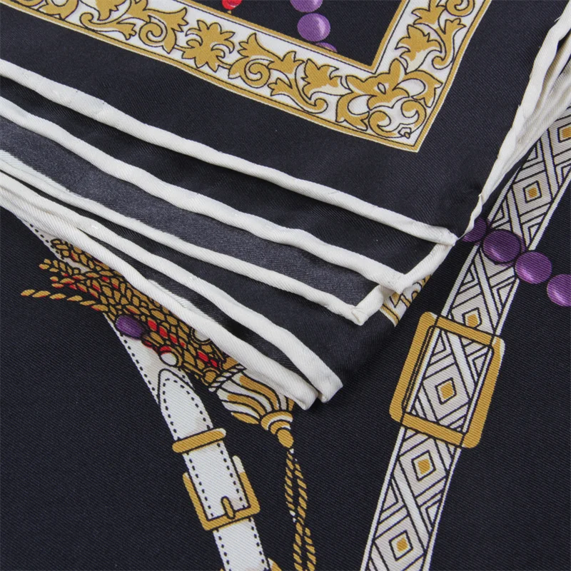 POBING Manual Hand Rolled Twill Silk Scarf Women Belt Chain Square Scarves Echarpes Foulards Femme Wrap Bandana Lady Hijab 90CM