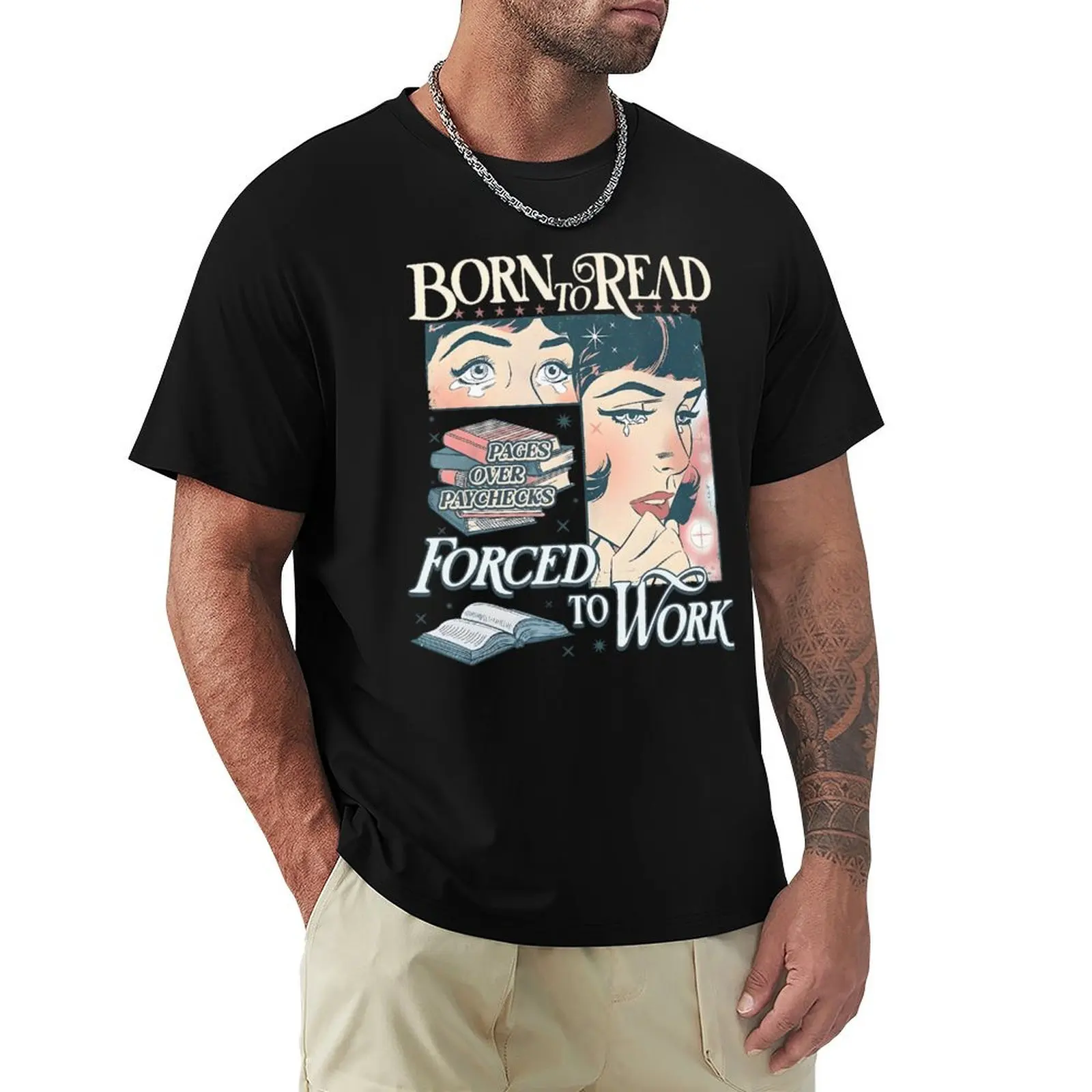 Born To Read Forced To Work Bookworm Librarian Bookish T-Shirt Casual Holiday Short Sleeve Tee