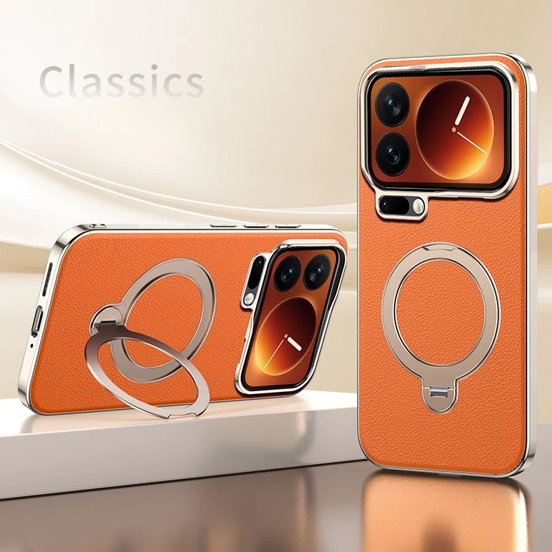 

Electroplated Leather Magnetic Case for iPhone 17 Pro Max 16 15 14 13 For Magsafe 360 Rotating Stand Shockproof Matte Back Cover