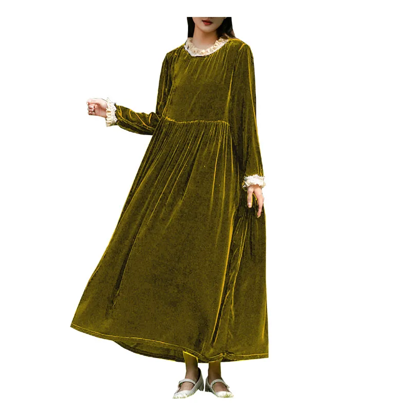 Fengbaoyu-Silk Velvet Dress for Women, Long Sleeve, Lotus Leaf Collar, Plus Size, Comfortable Warm Clothing, Autumn and Winter