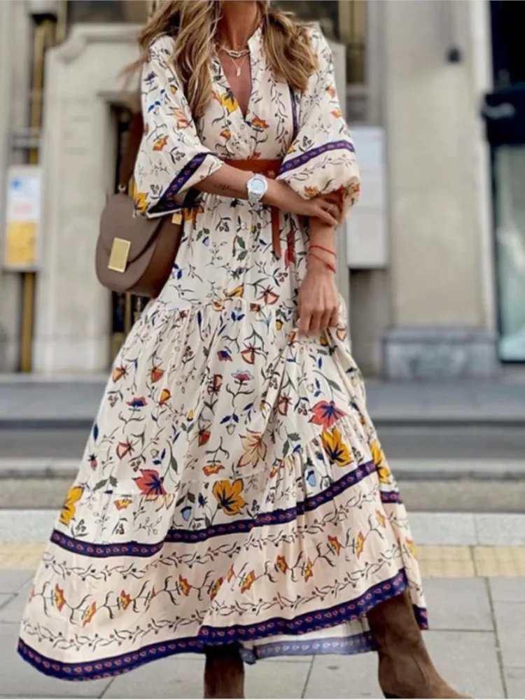

2025 Spring-Autumn New Dress Women's Casual Fashion Printed Dress Lantern Sleeve Sexy V-neck Long Sleeve With Ruffle Hem