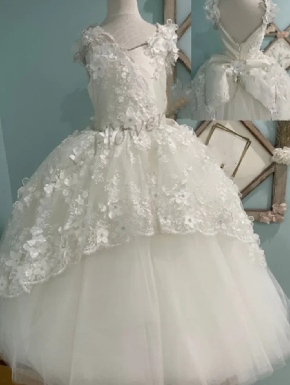

Princess Flower Girl Dress Lace Appliques Sequined A-Line Tulle Dresses With Bow For Wedding Girls Gorgeous Birthday Party Gowns