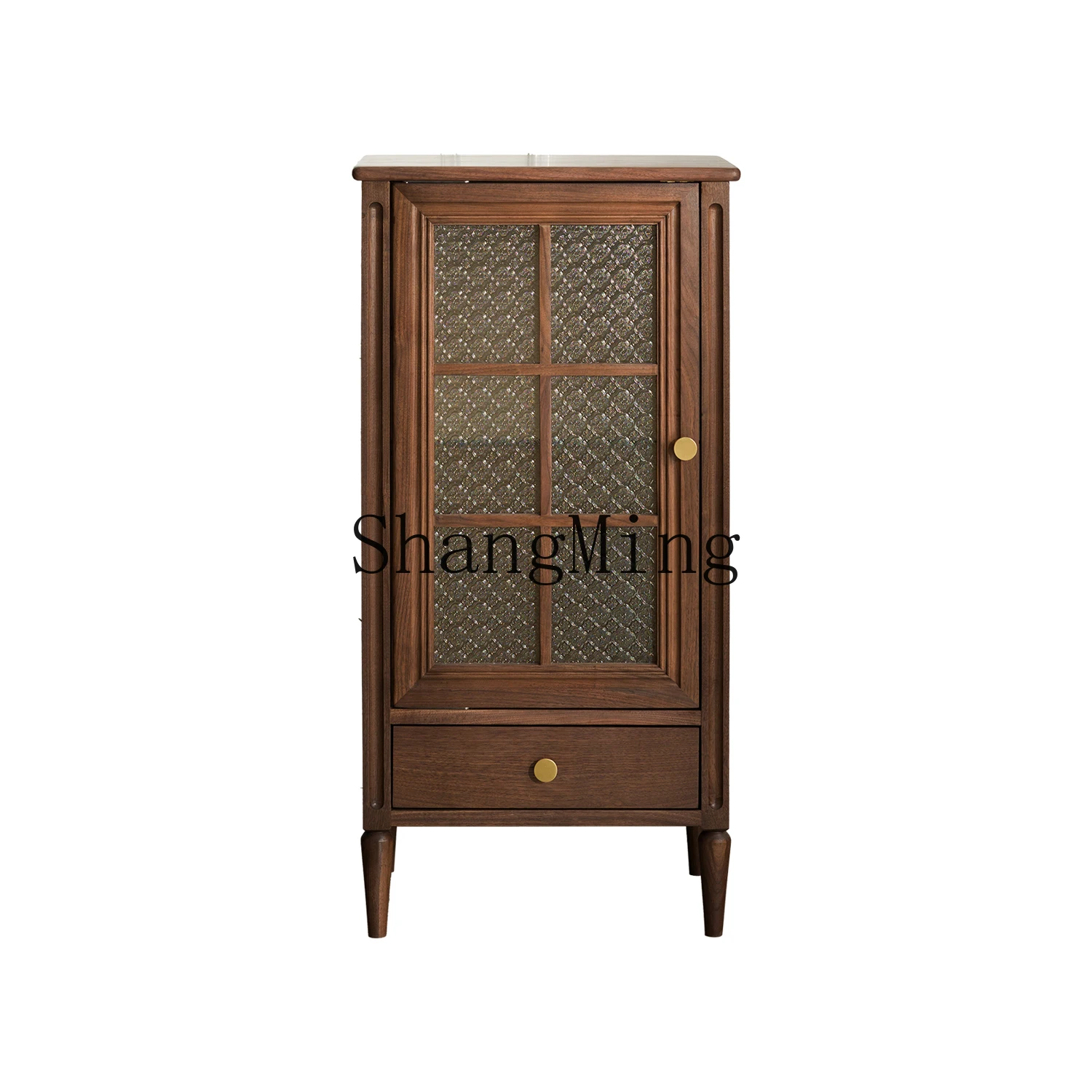 

HJ retro black walnut side cabinet solid wood medium and ancient style living room glass storage display wine cabinet