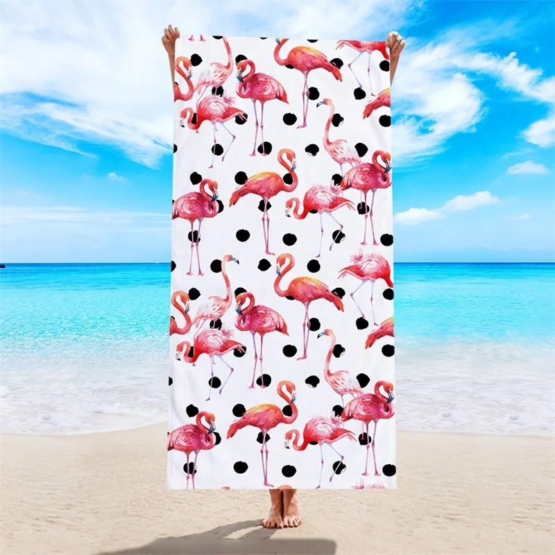 Watercolor Pink Flamingo Black Polka Dot Beach Towel Microfiber Absorbent Summer Girls Pool Towel