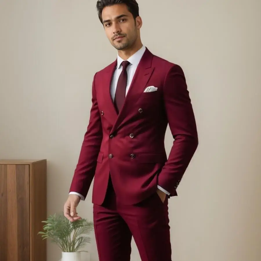 

Latest 2 Piece Burgundy Men Suits Peaked Lapel Wedding Double Breasted Elegant Blazer High Quality Jacket Pants Set Formal Party