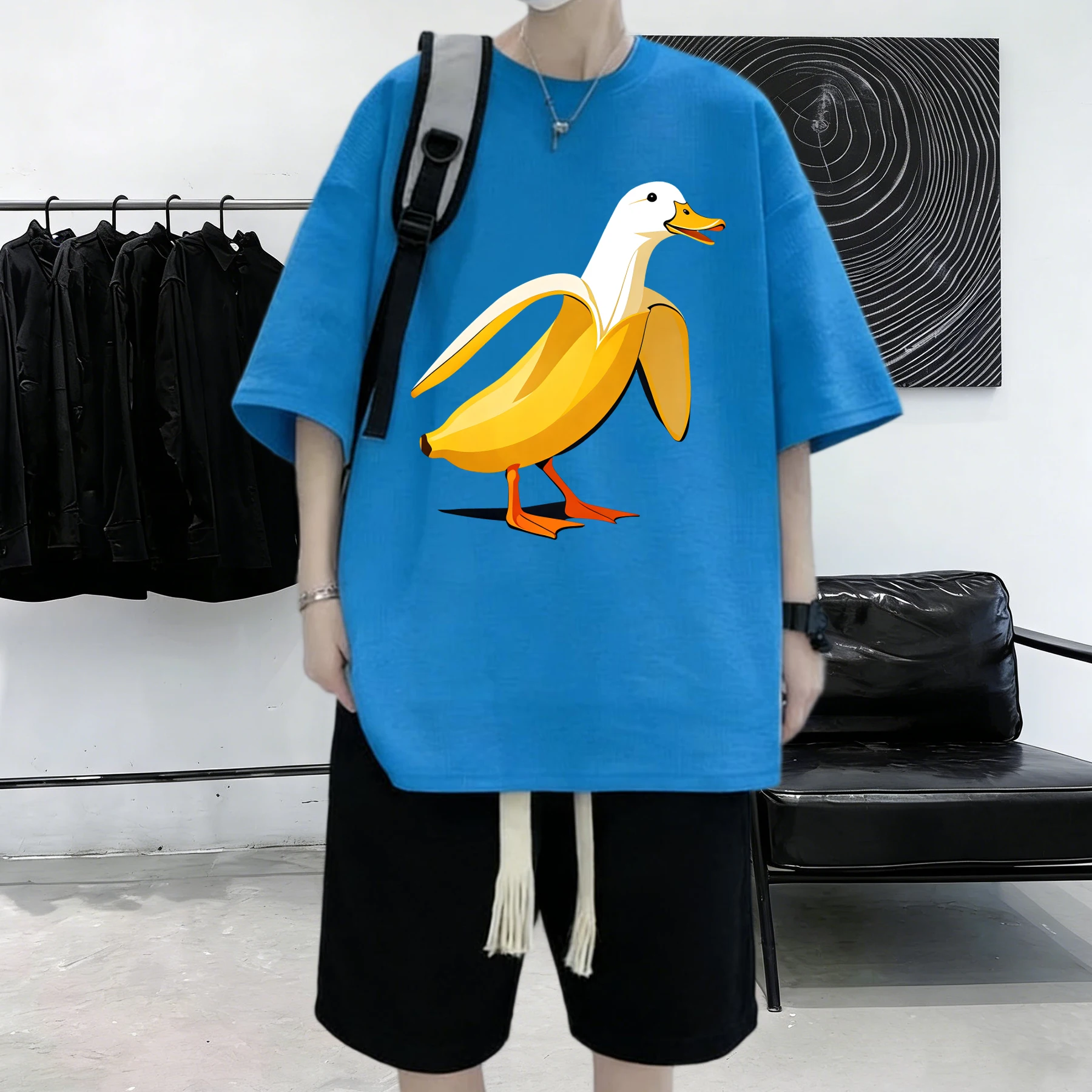 The Combination Of Banana And Duck Print Cotton Breathable Summer Tee Shirts Mens Soft Sport Short Sleeve Trendy Street Clothes