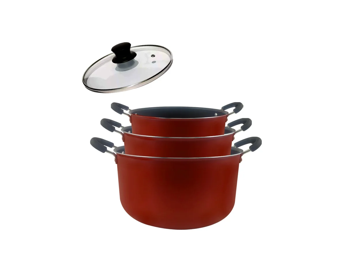 Kit 3 Caçarolas Dona Chefa Grande Anti Aderente Com Tampa de Vidro 26cm 28cm 30cm Vermelha