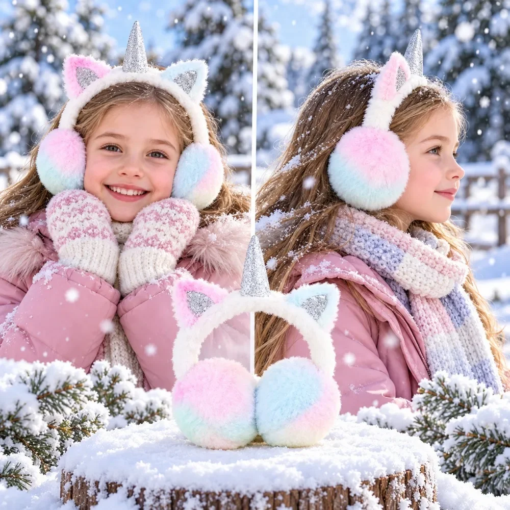 Unicorn Cat Ear Plush Earmuffs Ear Muffs for Children Girls Kids Pastel Headband Glitter Horn Winter Outdoor Fashion Accessory