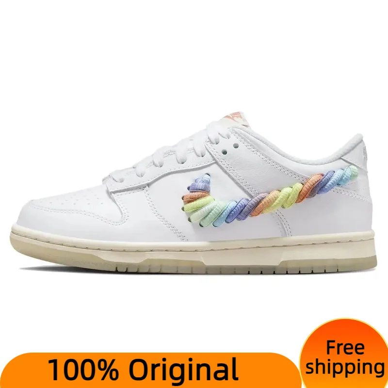 Nike Dunk Low SE Rainbow Lace Swoosh White GS Sneakers shoes With Original Box