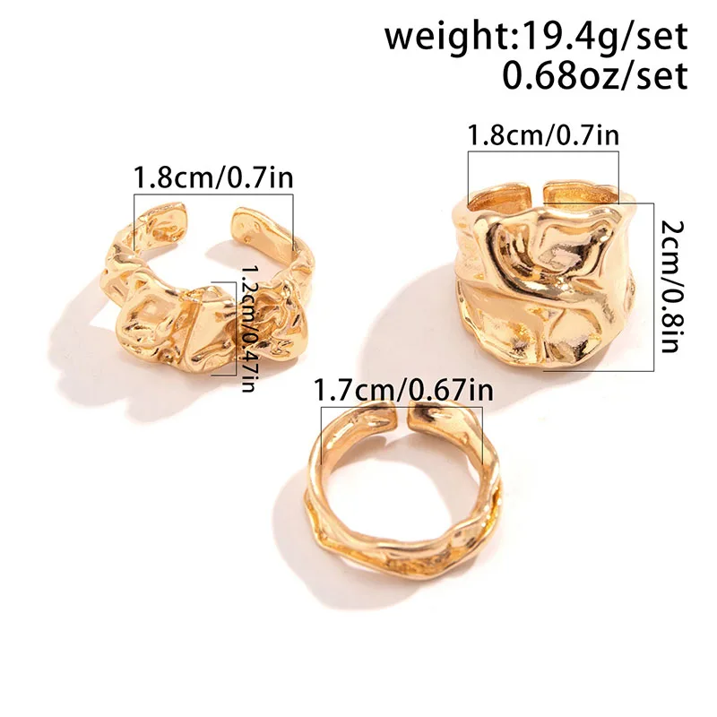 3Pcs Fashion Irregular Pleated Open Ring for Women Men 2024 Punk Liquid Metal Style Finger Y2K Accessories Vintage Jewelry