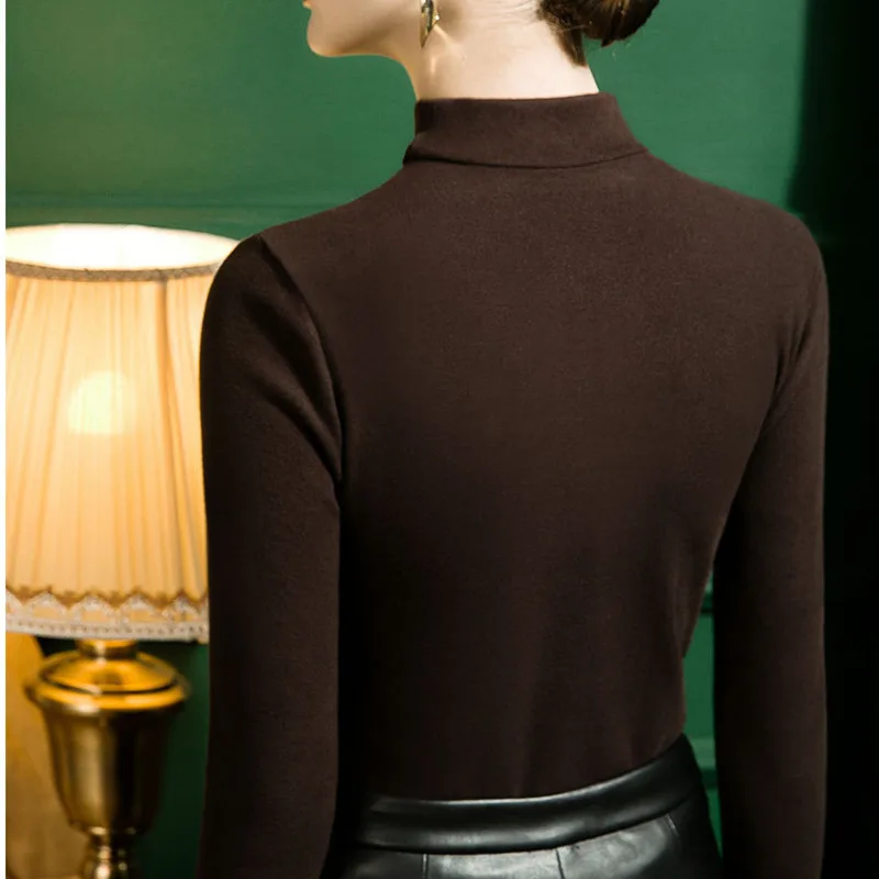 #4368 Black Beige Brown Long Sleeve T Shirt Women Warm Halter Neck Sexy Tight Tee Shirt Femme Hollow Out Thick Autumn Winter