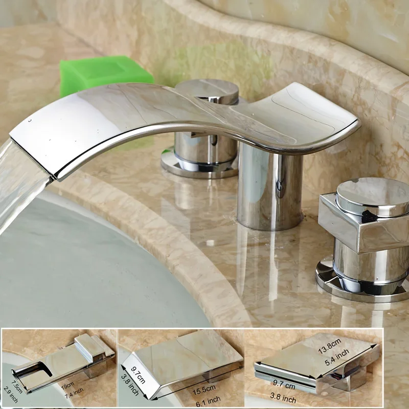 

Vidric Bathroom Polished Chrome Waterfall Basin Faucet Widespread Dual Handle Mixer Tap Deck Mount 3 Holes