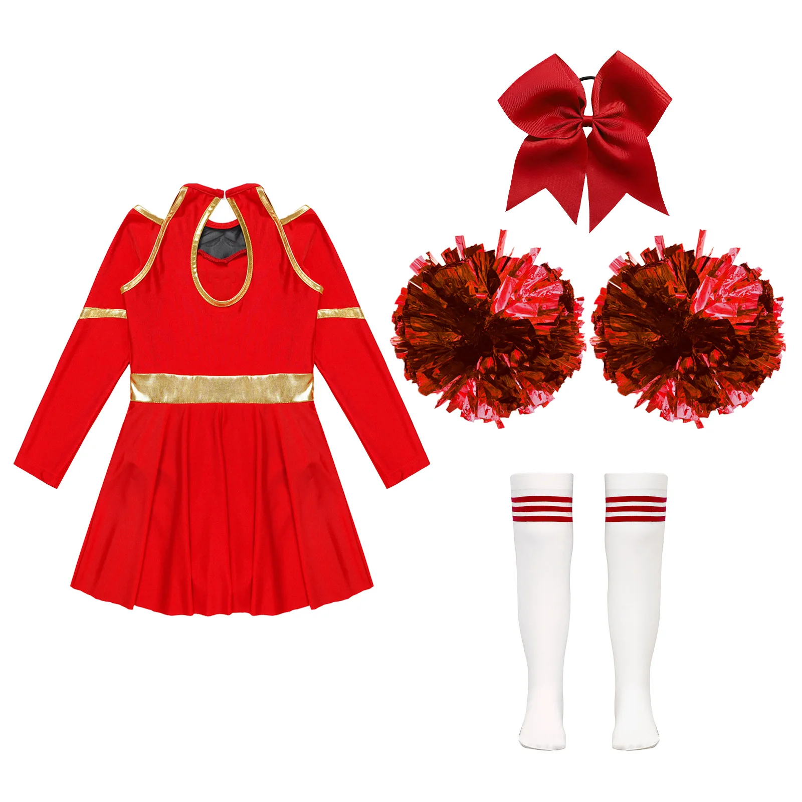 Cheerleader Outfit Cheering Uniform for Kids Girls Long Sleeve Dress with Pom Poms Stocks Schoolgirls Cheer Leader Dance Costume