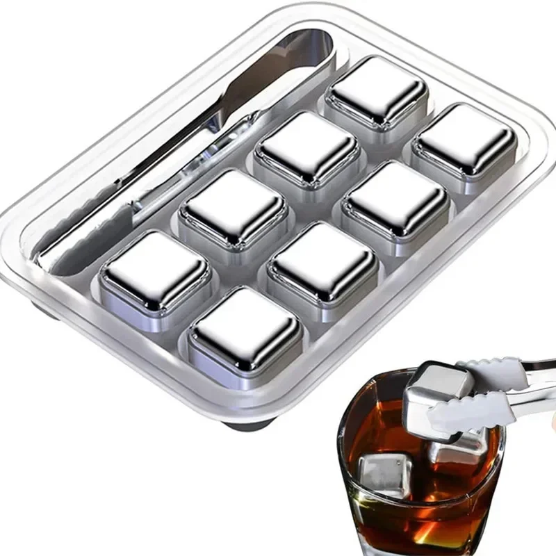 Stainless Steel Whiskey Stone Ice Cubes 4/6/8Pcs Reusable Ice Cube Set Vodka Beer Ice Stone Whiskey Cooler Bar Accessories