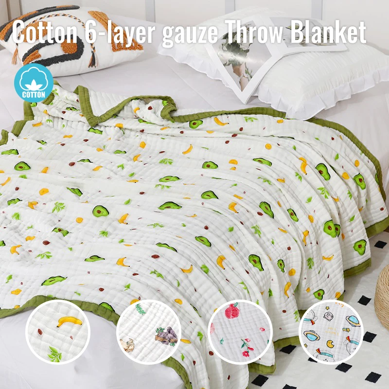1pc 100% Cotton Printing 6-layer Gauze Throw Blanket 150×200cm, Soft Bed Throw Blanket,Nap Blanket For Living Room And School