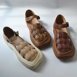 Sandali da donna piatti in pelle a testa quadrata in pelle bovina scarpe da donna Beige tessute marroni fatte a mano retrò traspiranti salutari