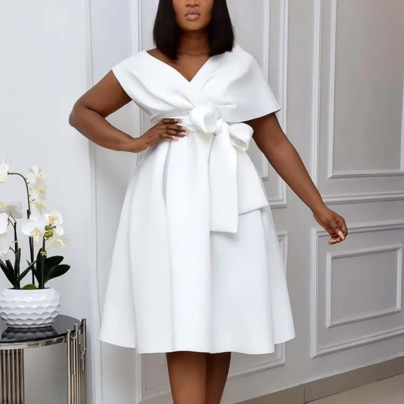 

Women's Fashion White V Neck Bow Lace Up Ruched Midi Dresses Summer Short Sleeve Off Shoulder Elegant Party Dress Femme Robe