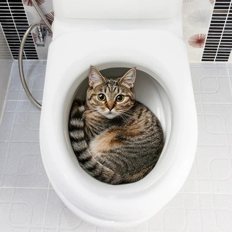 Realistic Cat Curled In Toilet Bowl Wall Sticker Waterproof Wall Decal Funny Optical Illusion Mural for Bathroom Toilet Decor