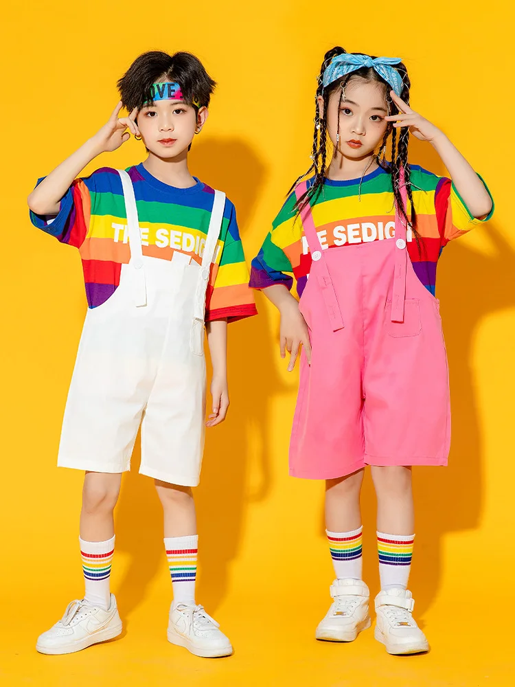 Fashion T Shirt Overall Denim Children Hip Hop Costumes Jazz for Girls Boys Dancewear Street Dance Wear Dancing Clothes Ballroom